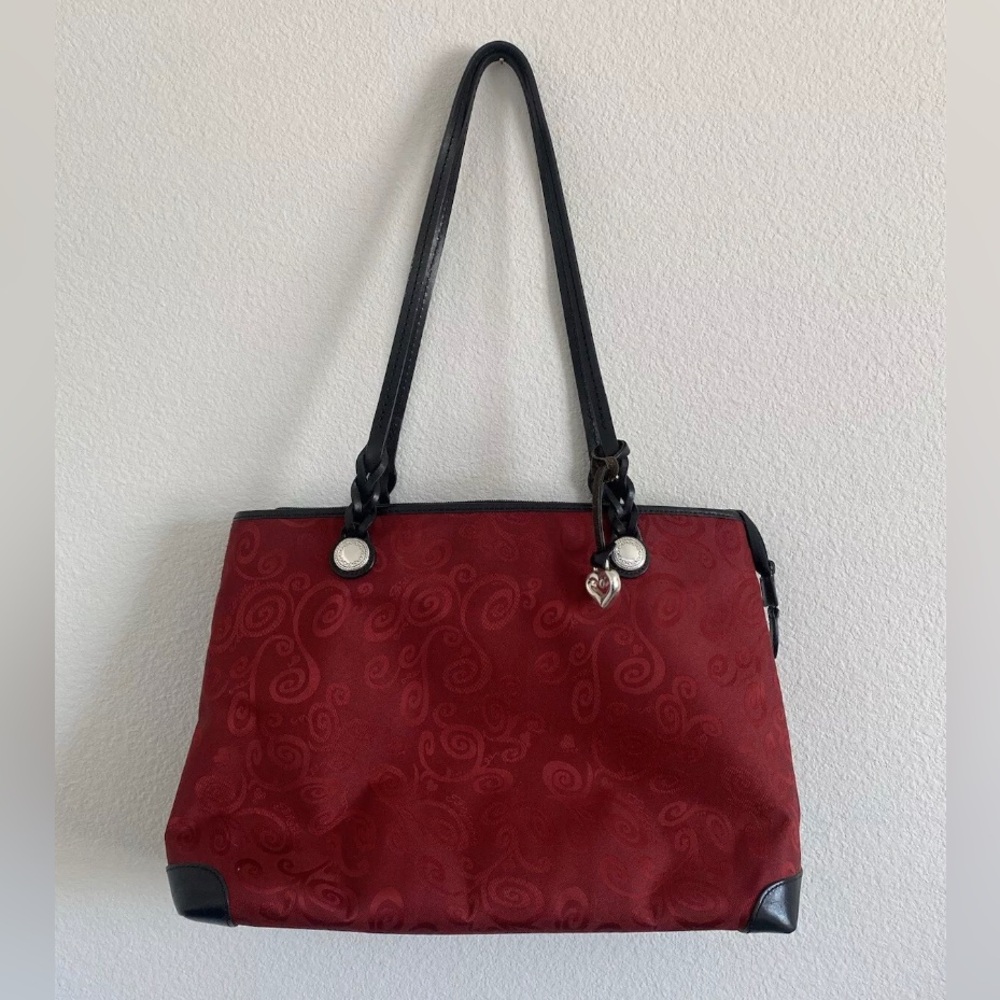 Brighton Red Mevelyn Fabric Leather Trimmed Purse Swirl Print Tote Shoulder Bag